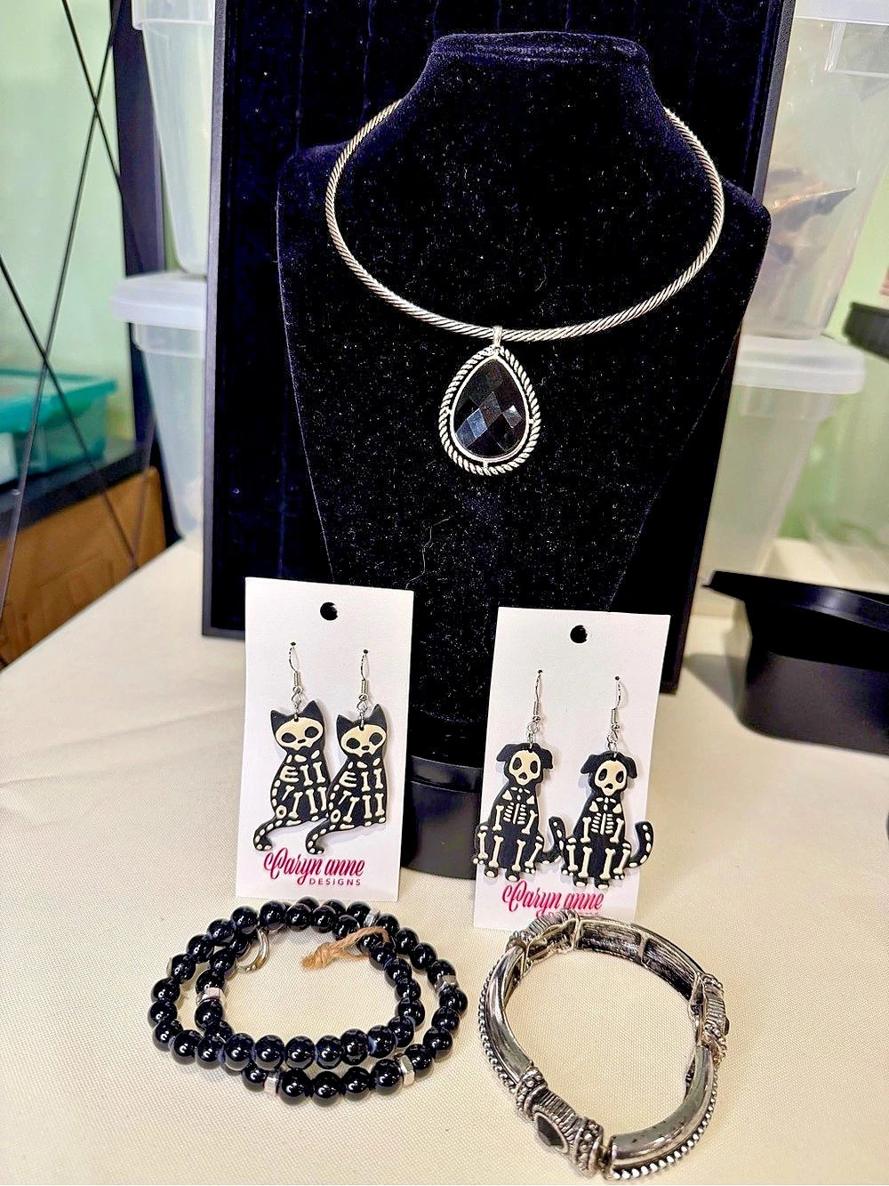 Goth Halloween Set Black Teardrop + Skeleton Cat Dog Earrings Bracelets